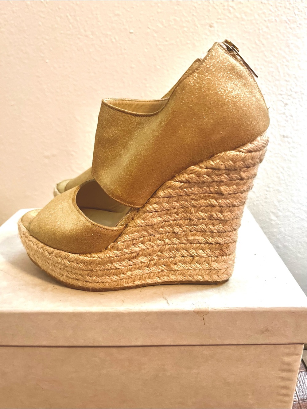 Jimmy Choo Metallic Gold Espadrille Wedge Sandals